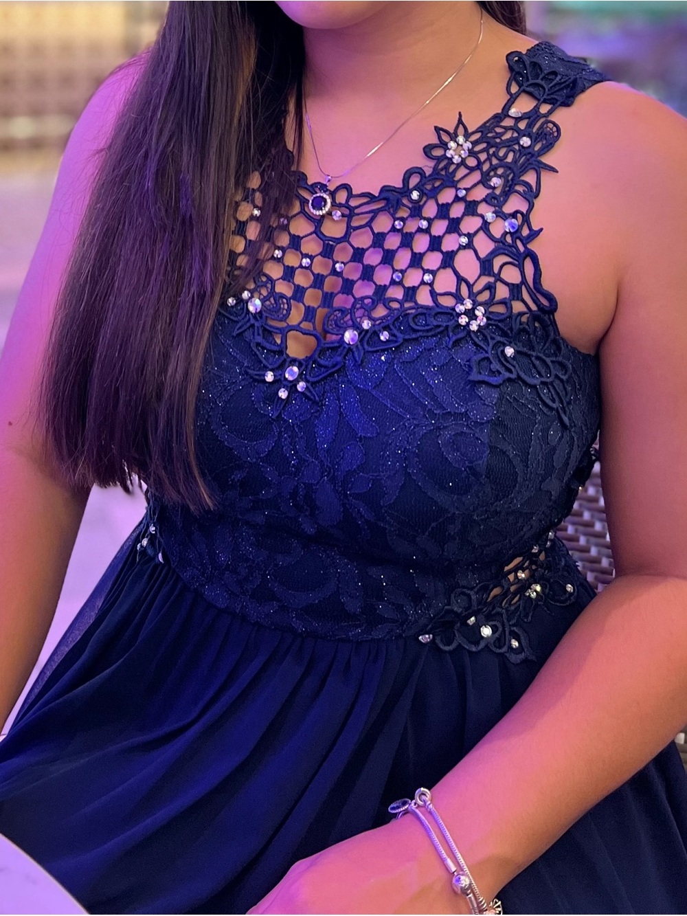 City Studio Navy One-Shoulder Lace Appliqué Dress